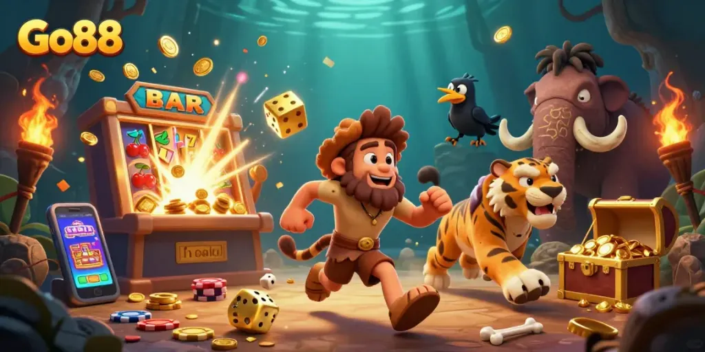 Engage with Go88's thrilling casino atmosphere featuring a lively caveman duo and dynamic casino elements.