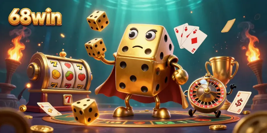 Experience the excitement of 68win with a vibrant 3D casino illustration featuring dynamic elements.