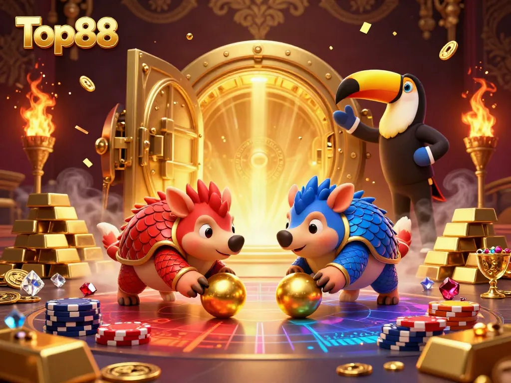 Top88 pangolins in a vibrant casino scene, rolling poker chips and golden treasure.