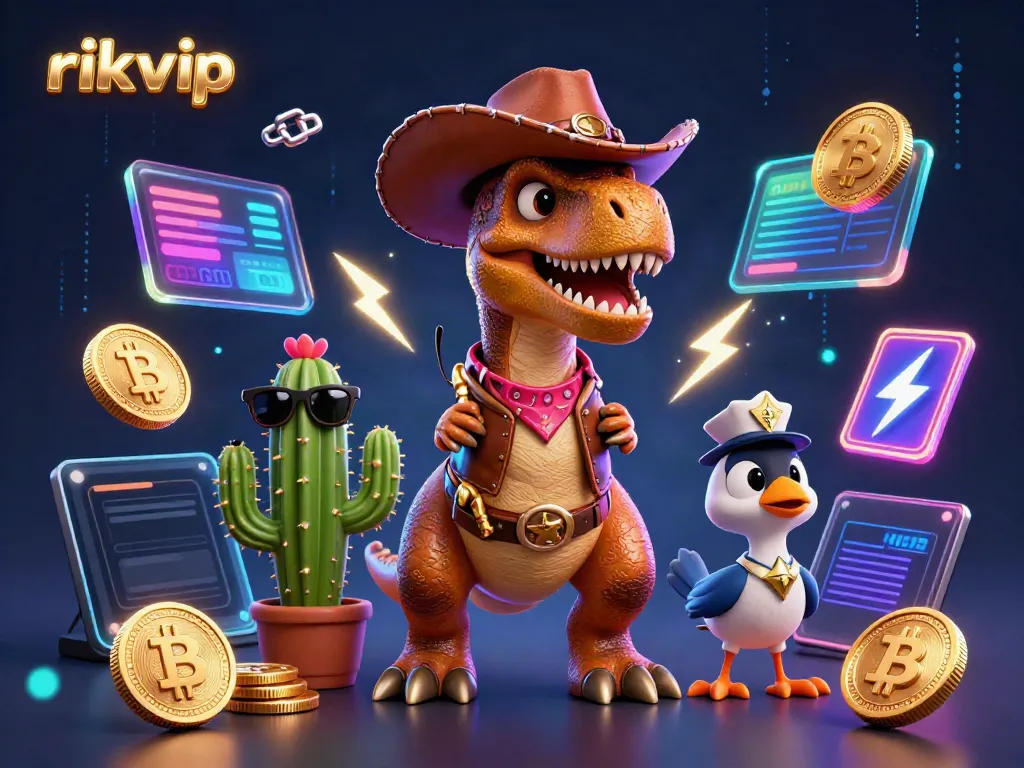 Engage in thrilling gameplay with rikvip as a cowboy dinosaur, cactus sidekick, and vibrant crypto elements.