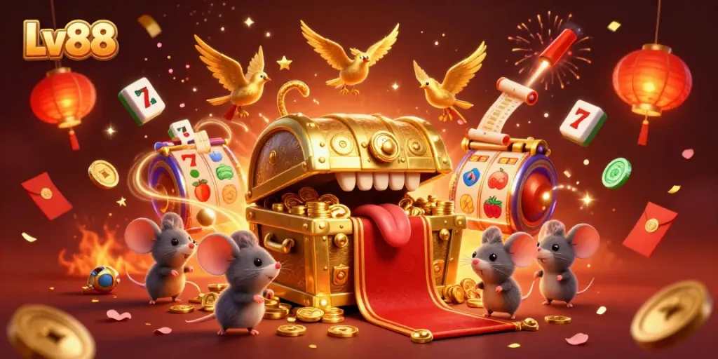 Engage with Lv88's vibrant gaming scene featuring dynamic slot reels and adventurous elements.