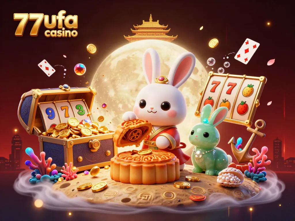 Experience the excitement of 77ufa casino with a vibrant scene featuring lucky symbols, moon rabbits, and casino-themed treasures.