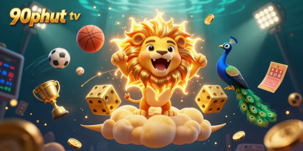 Experience thrilling sports betting with 90phut tv's vibrant scene of cartoon lion and dynamic games.