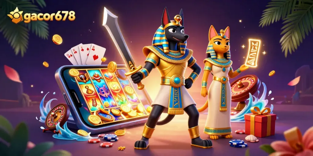 Engage in thrilling slots gameplay at gacor678 with Anubis and Bastet amid rich casino elements.