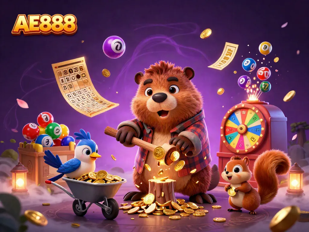 Experience the magical world of AE888 where the cartoon beaver chops trees raining gold coins amidst vibrant game elements.