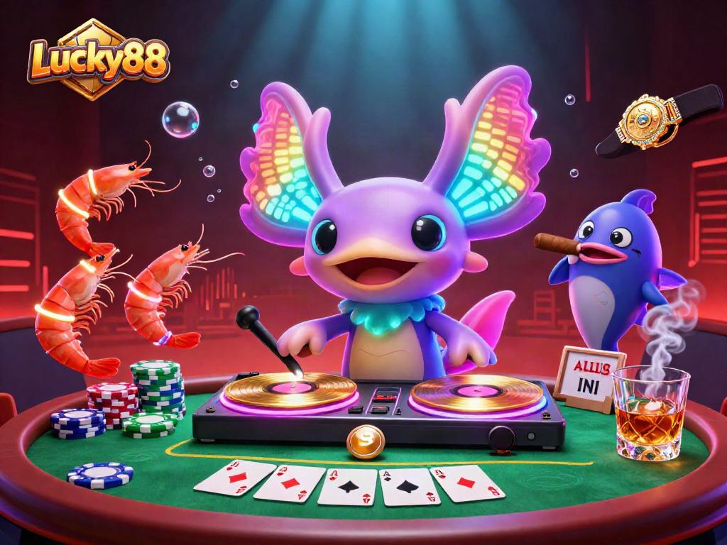 Experience Lucky88's vibrant underwater casino with an axolotl DJ, poker elements, and glow effects.