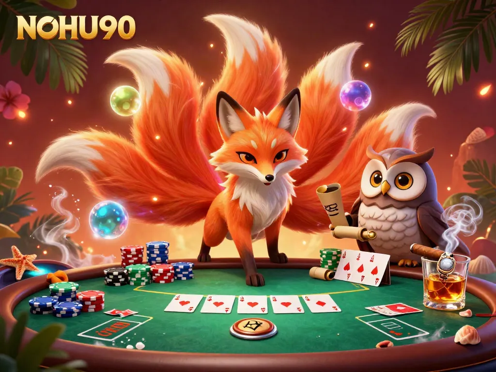 Engage with NOHU90's vibrant poker scene featuring a colorful nine-tailed fox spirit and wise owl, enhancing gaming excitement.