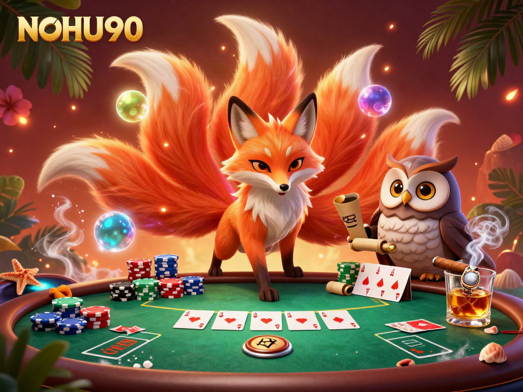 Engage with NOHU90's vibrant poker scene featuring a colorful nine-tailed fox spirit and wise owl, enhancing gaming excitement.