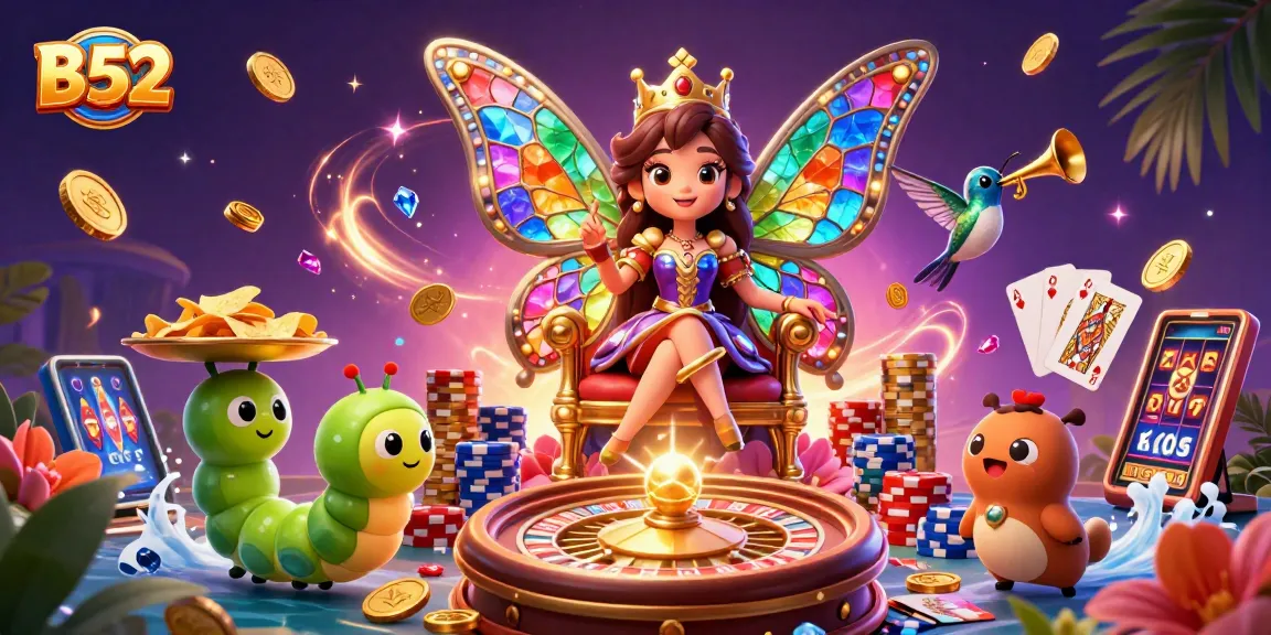 Experience B52 excitement with the butterfly queen amidst dazzling casino elements.