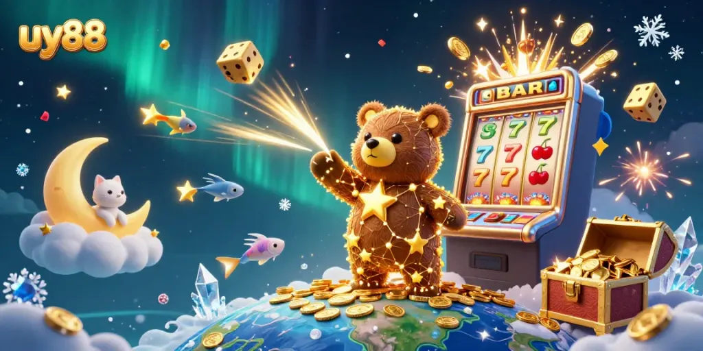 Play slots at uy88 with a cosmic bear and treasure bursting with wins.