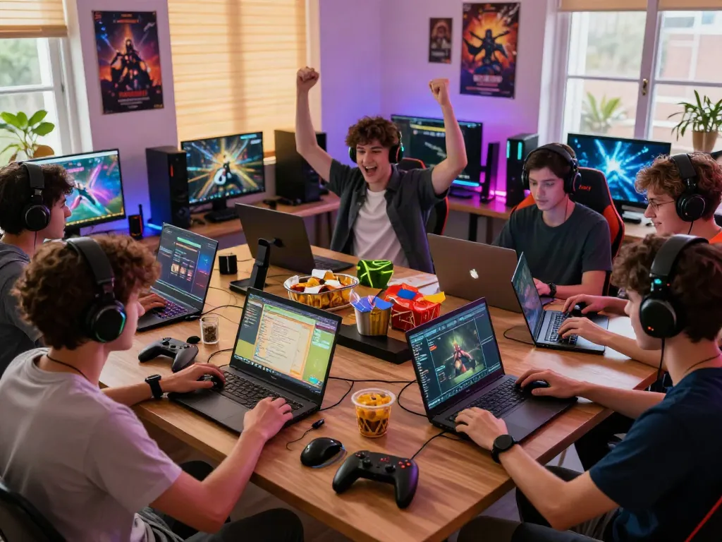 Friends enjoying a multiplayer game on KILAT404 platform in a lively gaming environment.