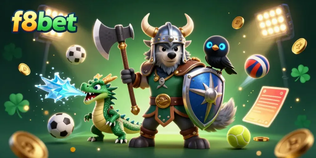 Play with f8bet in an exciting casino scene featuring a Viking wolf warrior, dragon, and vibrant sports elements.