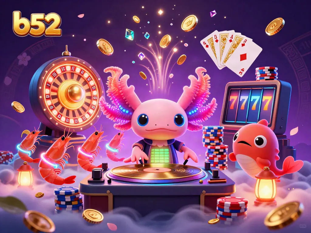 B52 club engaging illustration depicting a neon axolotl DJ amidst vibrant casino elements.