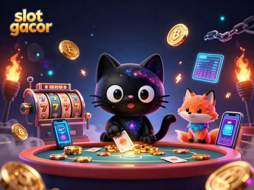 Engage with slot gacor in a vibrant cosmic casino scene featuring a black hole cat drawing in golden game elements.