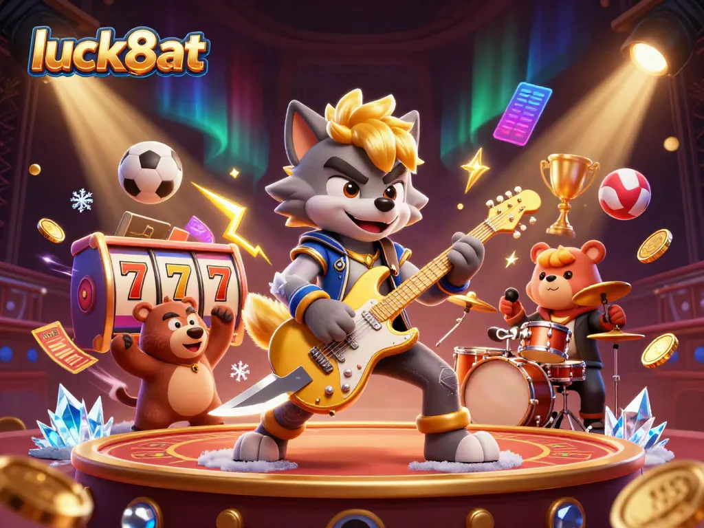 Experience epic fun at luck8at with a rock star wolf and drumming bear on a vibrant casino stage.