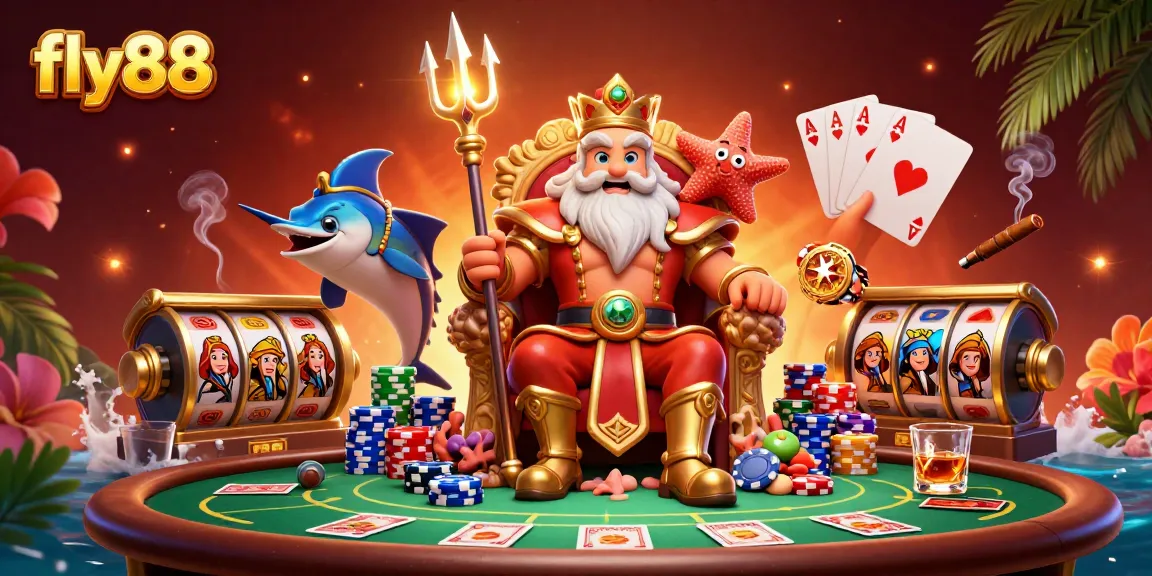 Experience thrilling games at fly88 with Neptune, poker elements, and vibrant casino decorations.