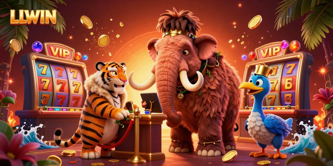 Experience LLWIN's vibrant casino atmosphere with characters like a woolly mammoth bouncer and a saber-tooth tiger in fur coat.