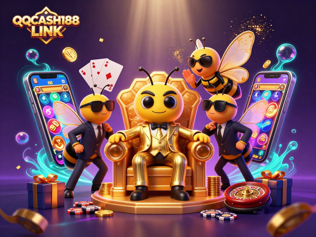 Engage with QQCASH188 LINK in this vibrant casino-themed 3D illustration featuring dynamic characters and gaming elements.