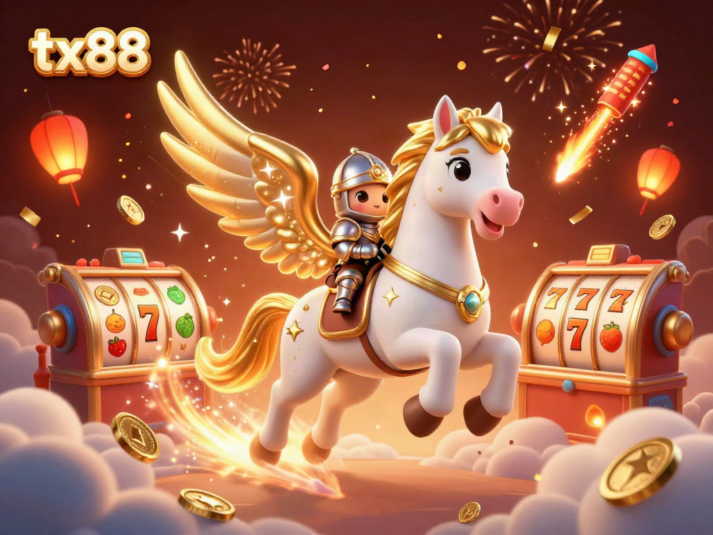 Experience the magic of tx88 as a celestial horse and knight celebrate amidst slot machine reels and vibrant confetti.