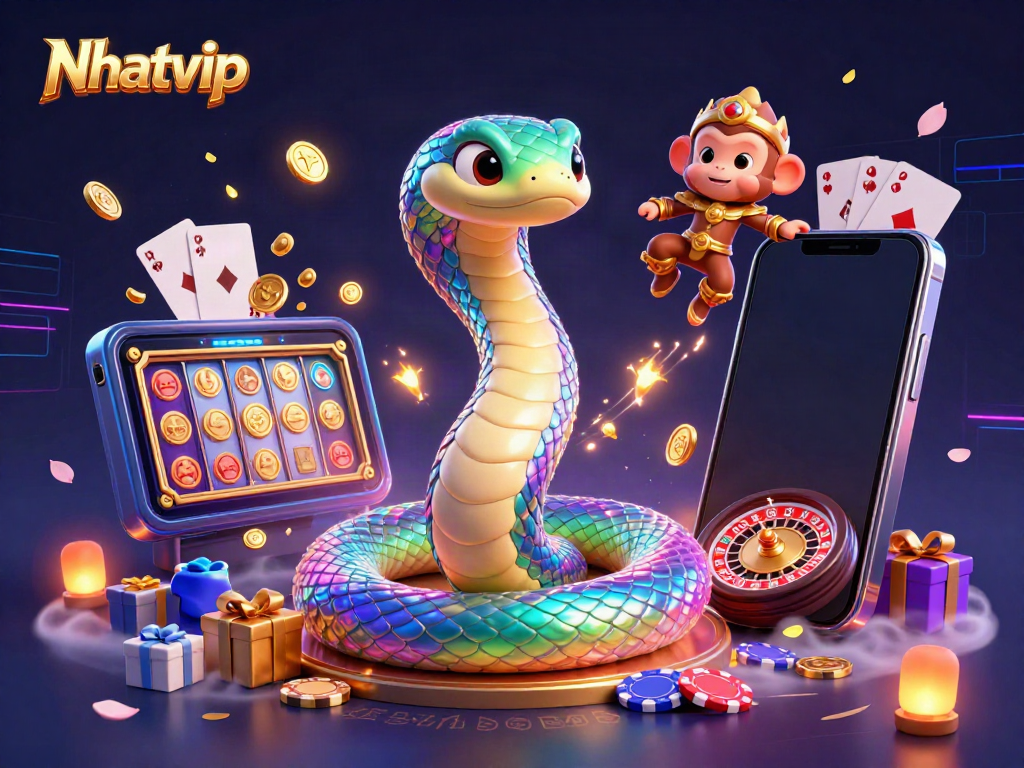Join the Nhatvip gaming adventure with colorful slots and vibrant characters in a magical scene.