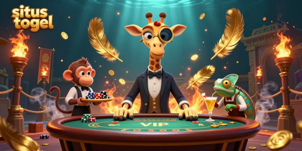 Engage with situs togel as a giraffe plays poker with lively characters in a vibrant casino scene.