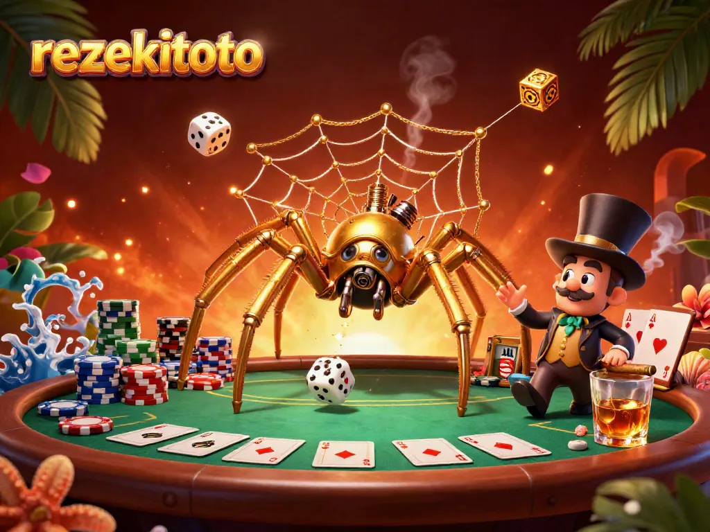 Engage in thrilling games at rezekitoto, featuring a steampunk spider and poker scene.