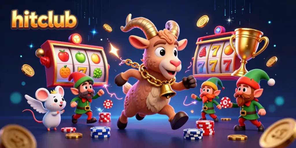 Experience hitclub's thrilling atmosphere with Krampus and festive characters amidst spinning slot reels.