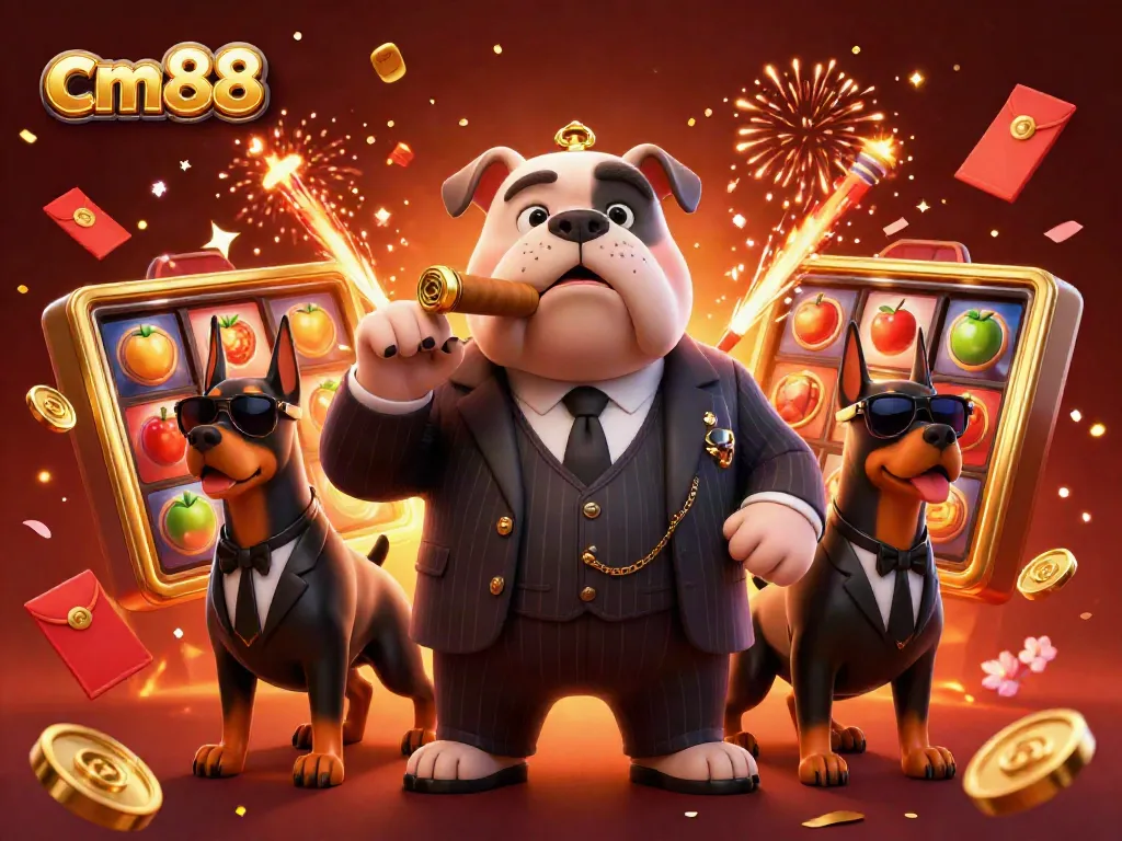 Experience the excitement of cm88's online slots with a dynamic 3D mafia scene illustrating a bulldog and Dobermans amidst golden jackpots and firework effects.