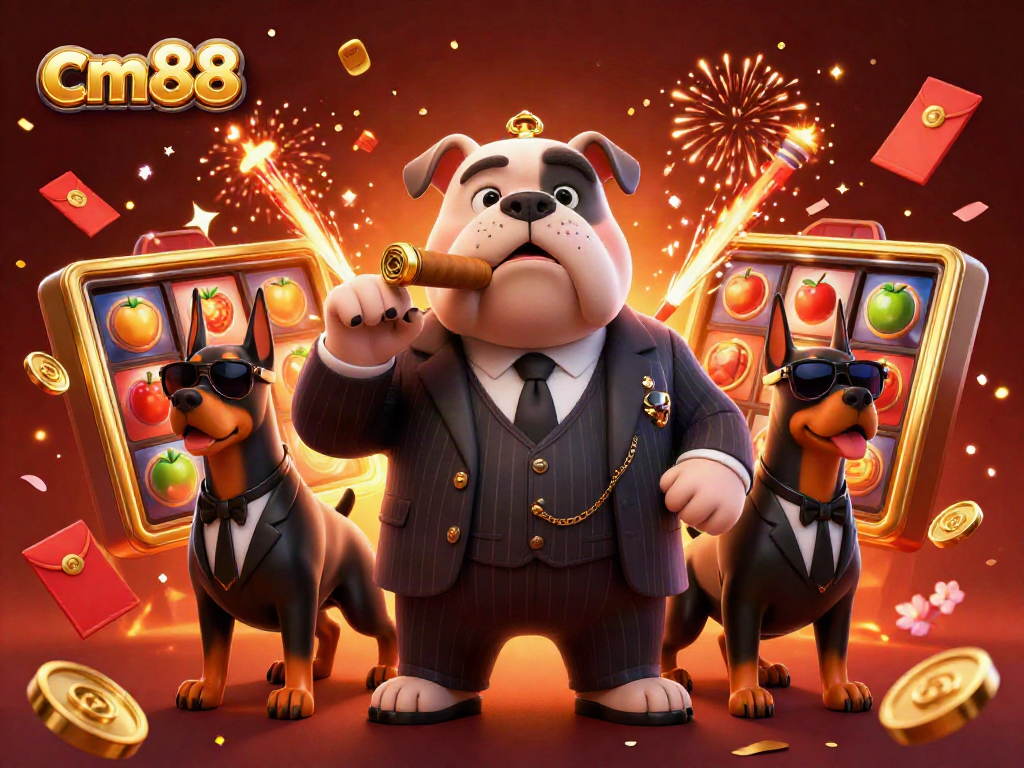 Experience the excitement of cm88's online slots with a dynamic 3D mafia scene illustrating a bulldog and Dobermans amidst golden jackpots and firework effects.