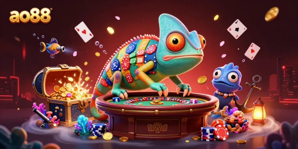 Experience vibrant gameplay at ao88 with a colorful chameleon casino mascot amidst treasures and games.