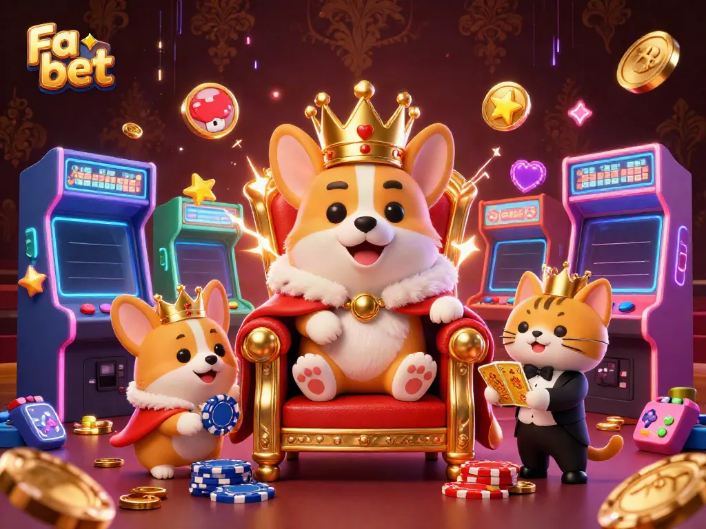 Join the fun with Fa bet's lavish 3D illustration featuring a royal corgi and cat butler in a casino setting.