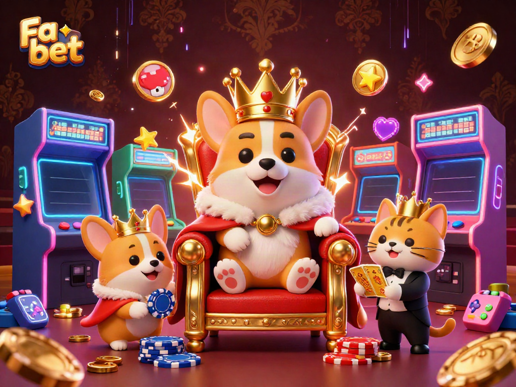 Join the fun with Fa bet's lavish 3D illustration featuring a royal corgi and cat butler in a casino setting.