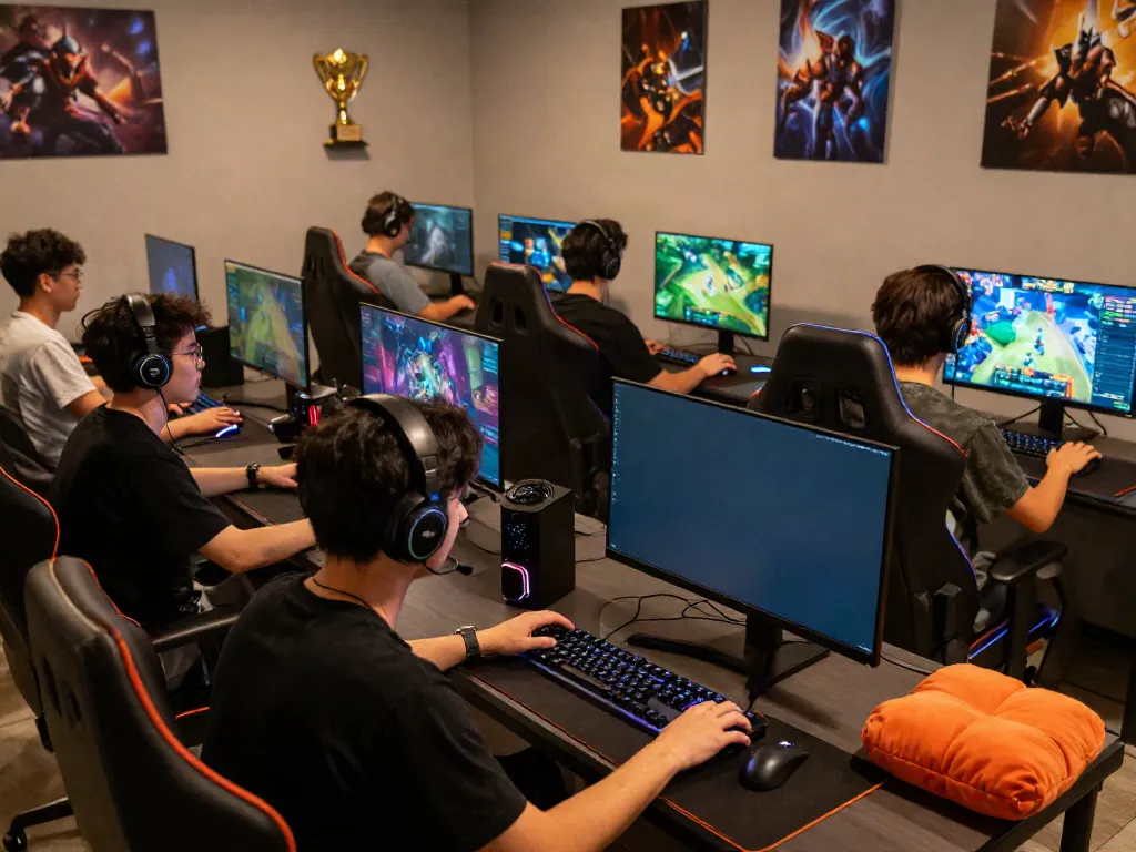 Gamers enjoying online games in a vibrant gaming lounge featuring kilat404 tournaments.