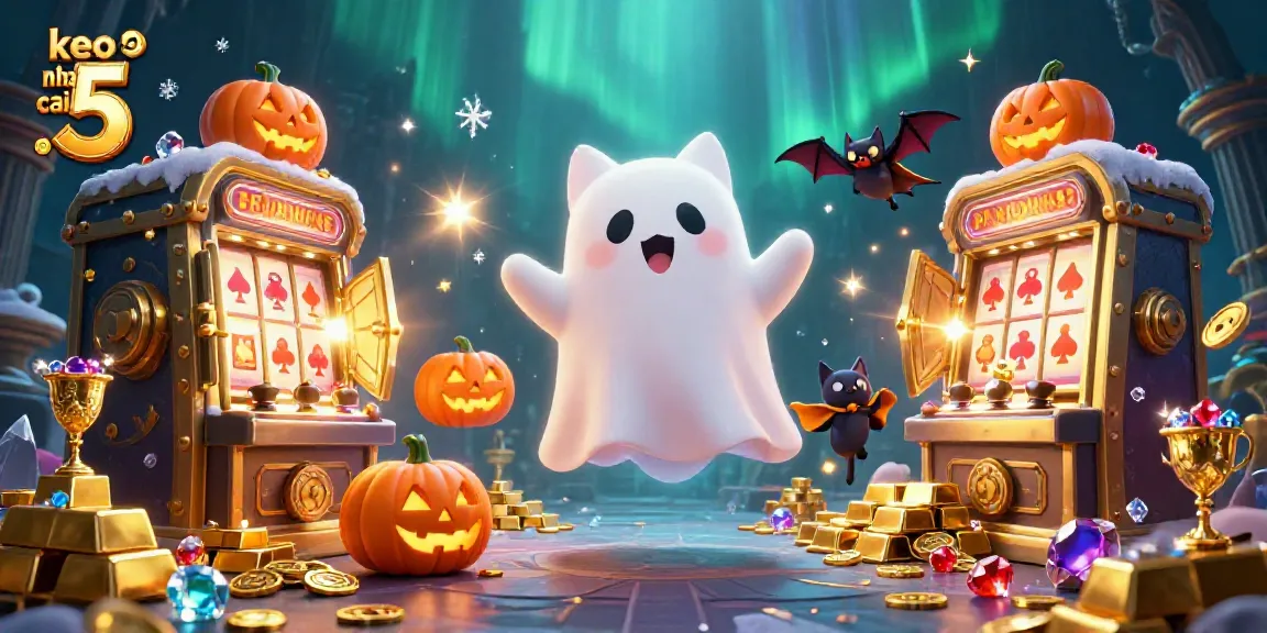Engage with keo nha cai 5 as friendly ghost cat and vampire bat navigate a vibrant casino, highlighting exciting betting elements.