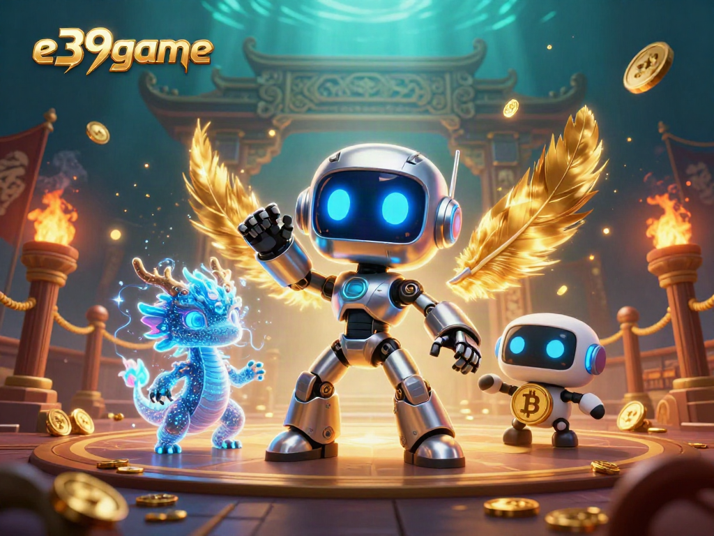 Experience the thrilling action of e39game in a vibrant 3D illustration filled with neon casino elements.