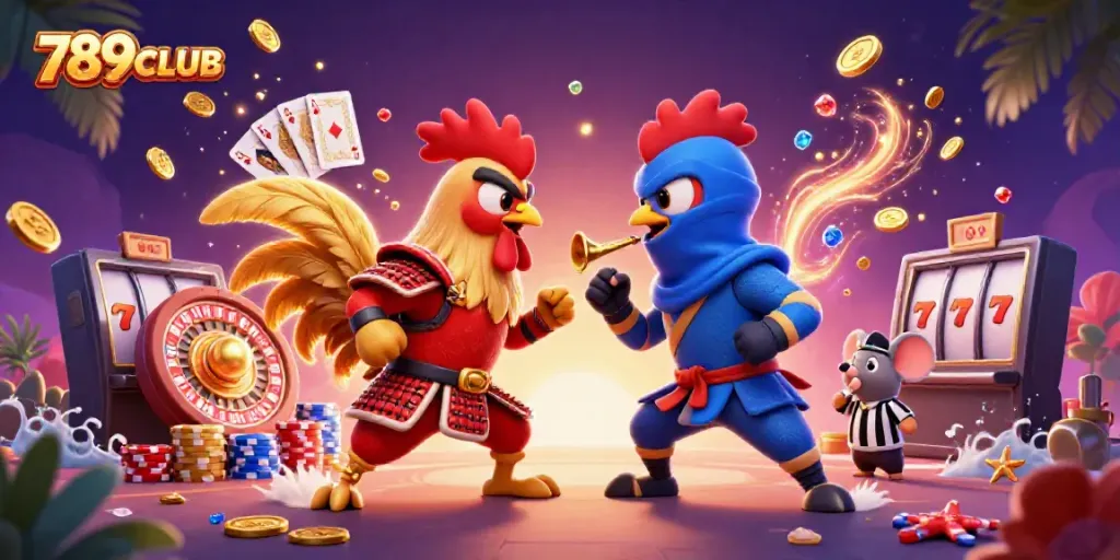 Engage with 789CLUB's thrilling action featuring fighting roosters and colorful casino elements.