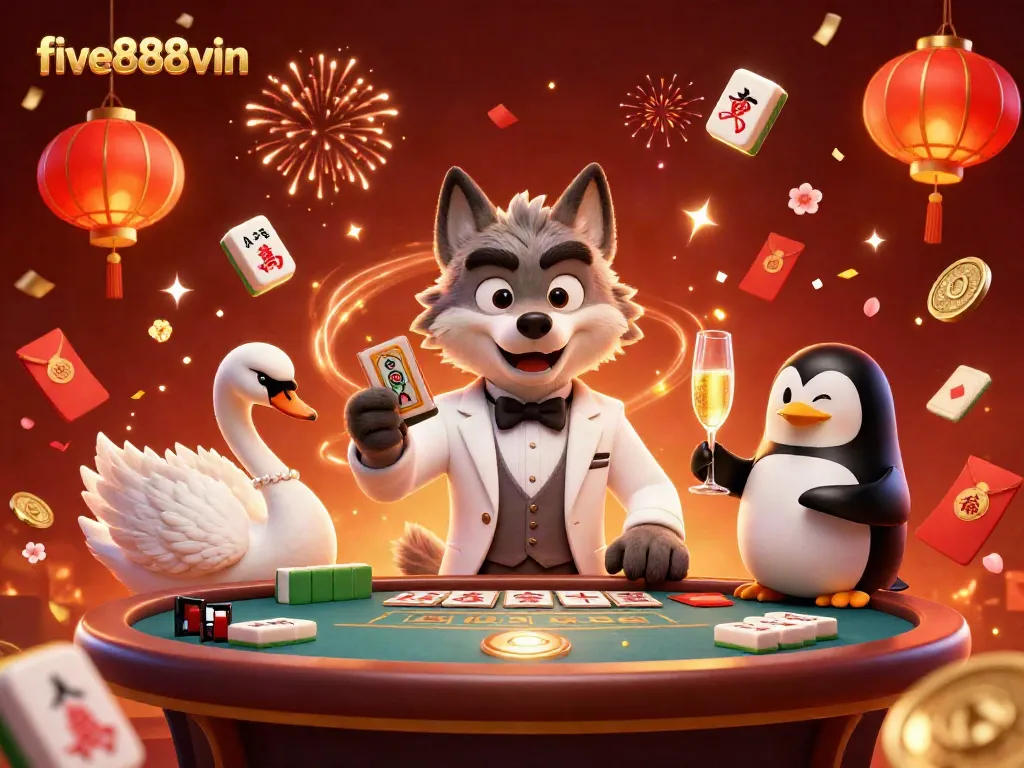 Engage with five888vin's exciting baccarat games featuring a flamboyant wolf dealer, elegant swan, and penguin sommelier.
