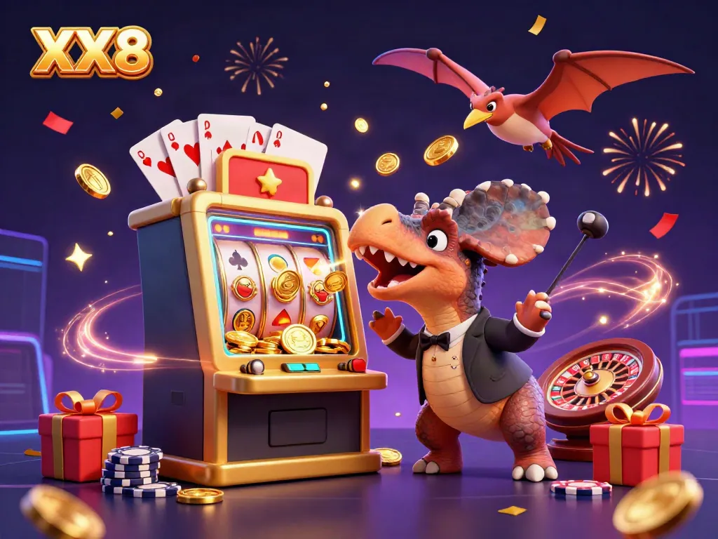Experience the thrill of XX8 with a pachycephalosaurus hitting a jackpot at a golden slot machine surrounded by excitement.