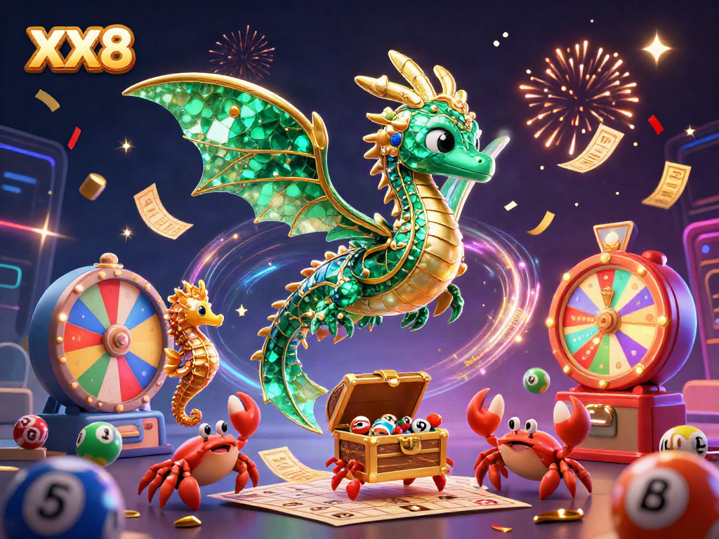 Join the excitement at XX8 with a vibrant 3D illustration of a sea dragon amidst casino games and lottery elements.