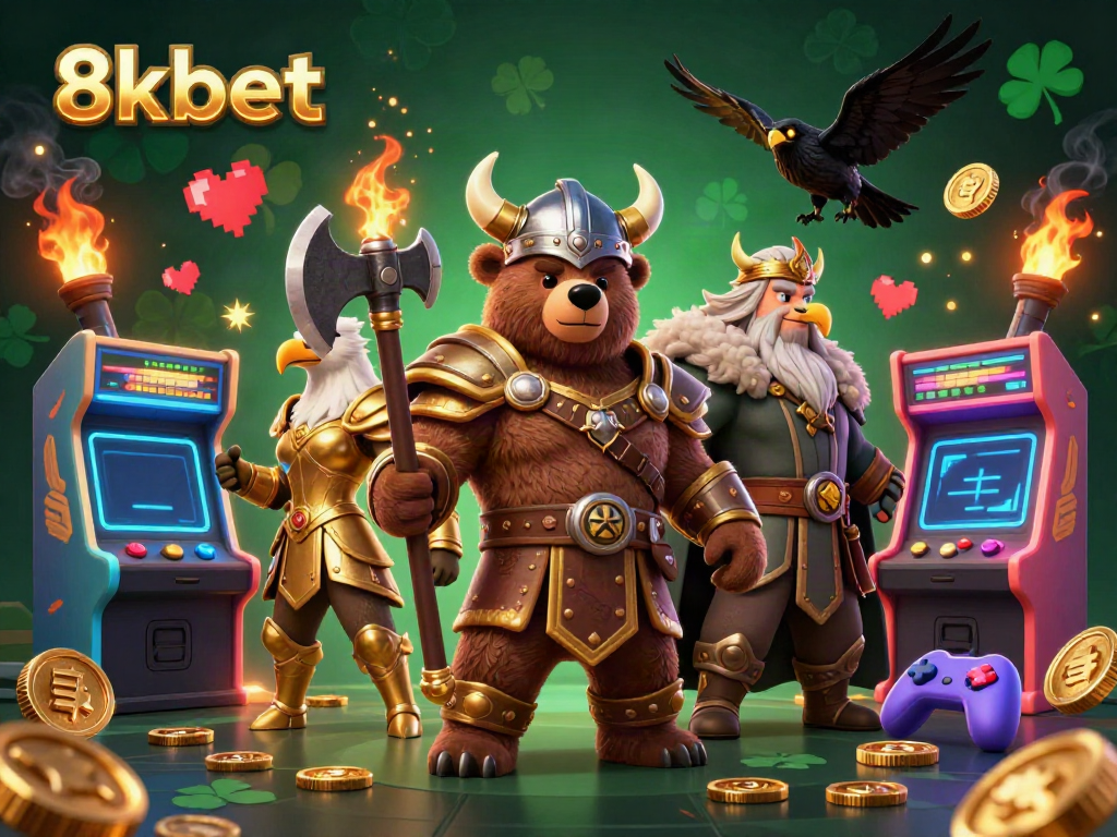 8kbet features a vibrant scene of a Viking bear, a Valkyrie eagle, and treasure-filled arcade elements, showcasing gaming excitement.