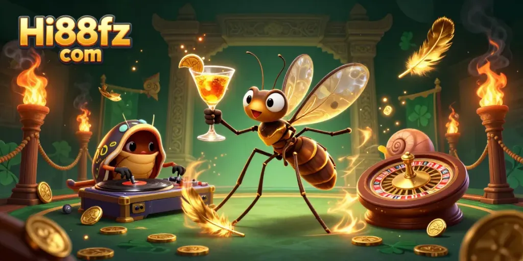 Engage with Hi88fz com in this vibrant casino scene featuring lively characters and dynamic gaming elements.