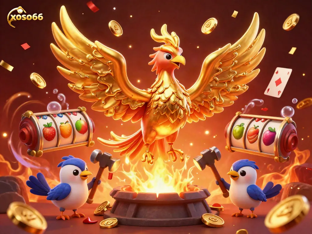 Experience thrilling gameplay at xoso66 with vibrant gold-dripping phoenix amidst dynamic slot reels and colorful coins.