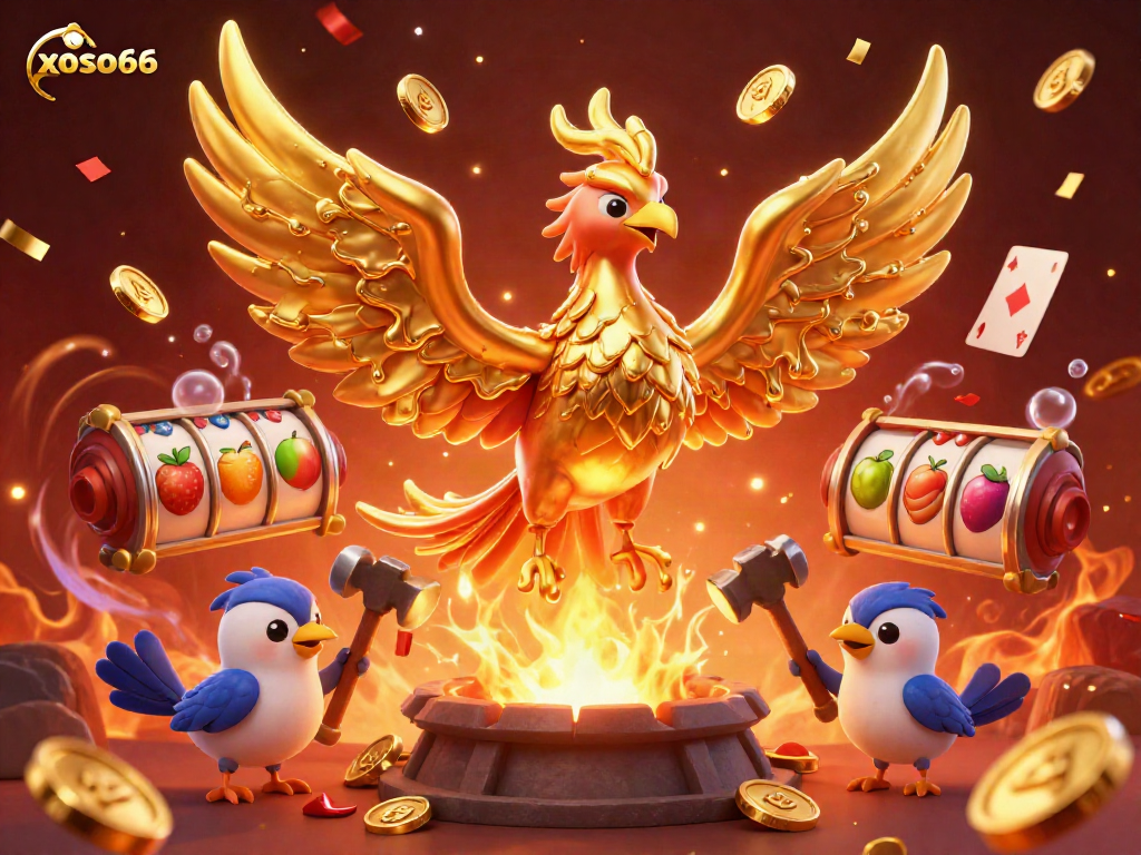 Experience thrilling gameplay at xoso66 with vibrant gold-dripping phoenix amidst dynamic slot reels and colorful coins.