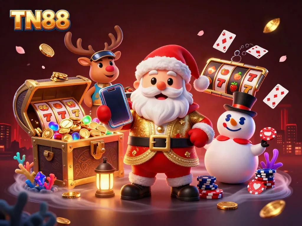 Engage with TN88's vibrant casino scene featuring Santa and friends enjoying jackpot slots.