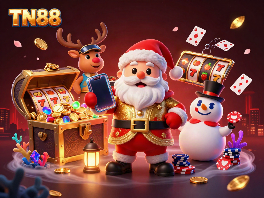 Engage with TN88's vibrant casino scene featuring Santa and friends enjoying jackpot slots.