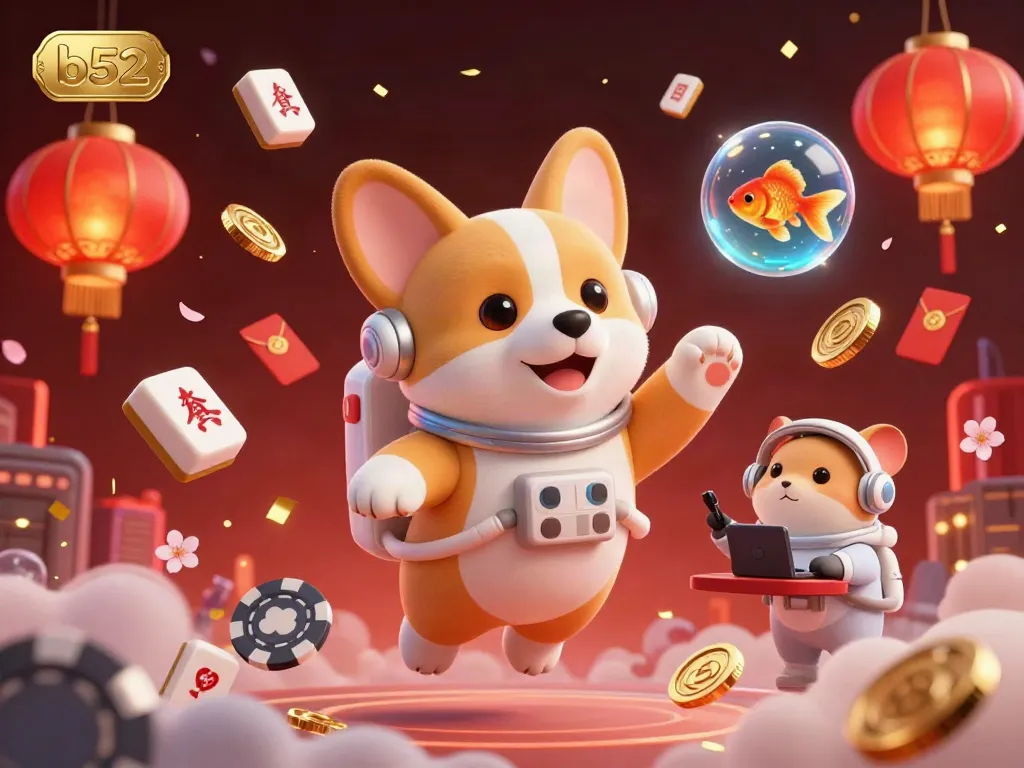 Engage in the b52 adventure with a playful corgi floating in a vibrant casino scene filled with poker chips and glowing lanterns.