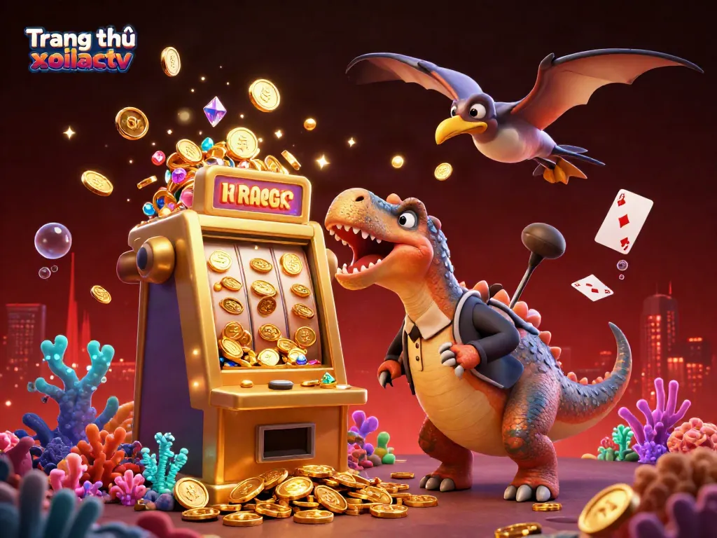 Engaging scene of Trang chủ xoilactv with cartoon characters interacting with a golden slot machine, embodying the casino thrill.