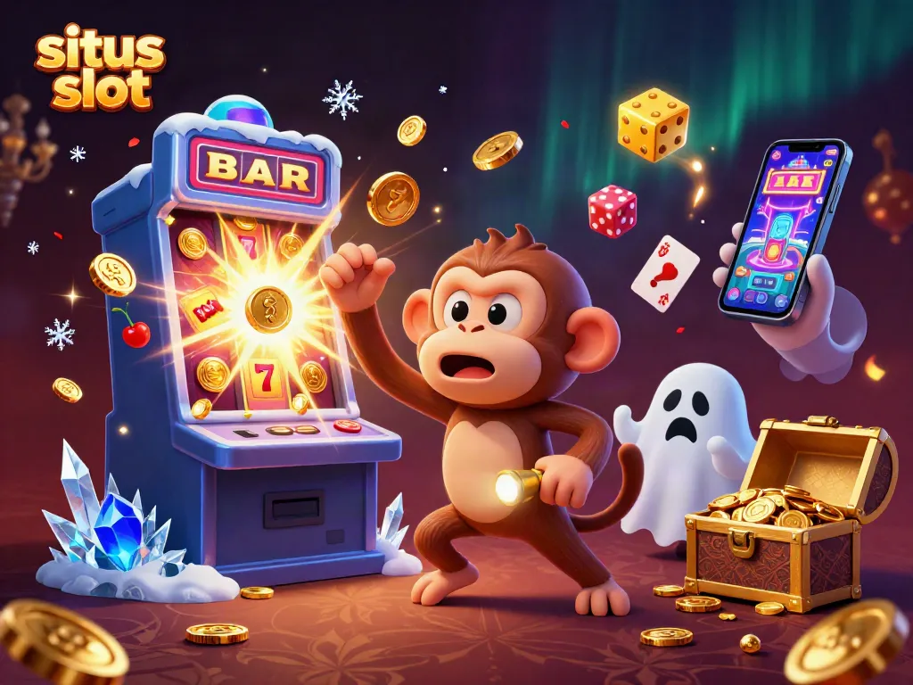 Engage in situs slot excitement with a mischievous monkey and a ghost-hunter puppy in this captivating casino illustration.