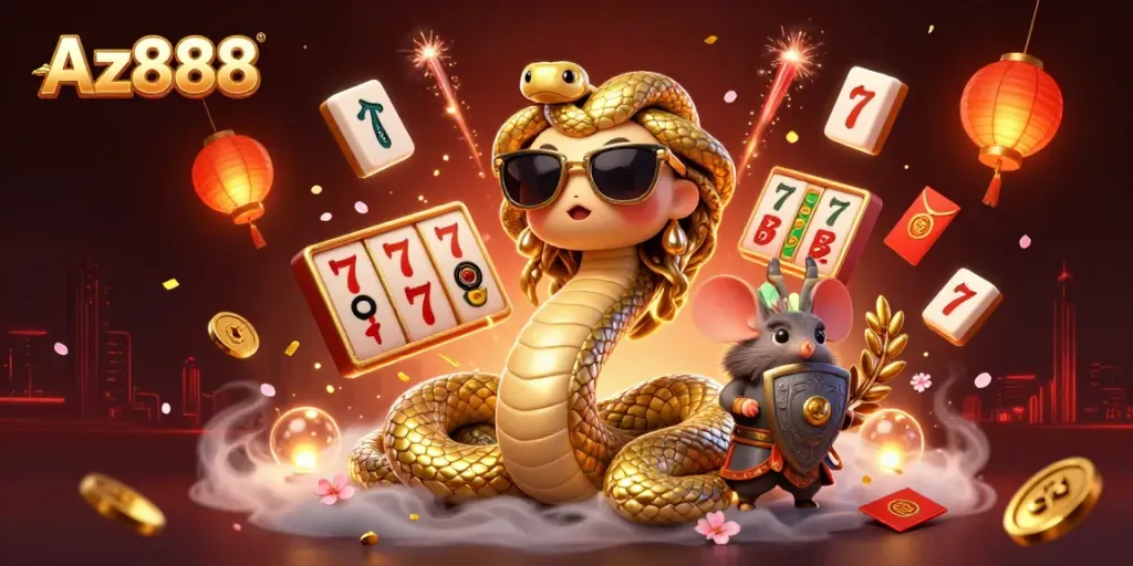 Experience festive gameplay with Az888 as Medusa and warrior engage in thrilling slots action.