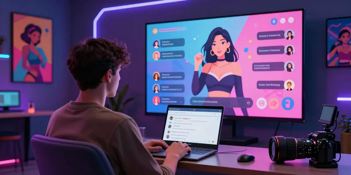 Immersive AI porn chat scene showcasing user interaction with animated character in a modern setting.